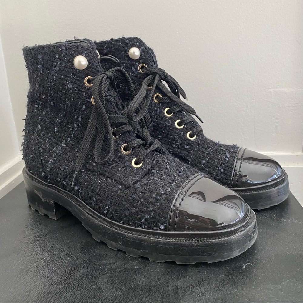 Chanel Lace Up Tweed Combat Boots